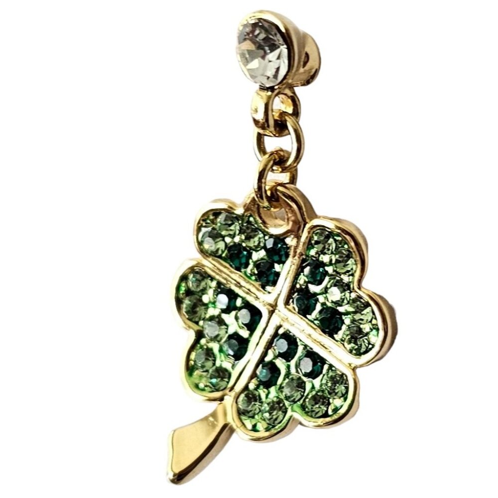 Gold Tone Green Rhinestone Pave Four-Leaf Clover Dangle Lapel Tie Scarf Pin L267